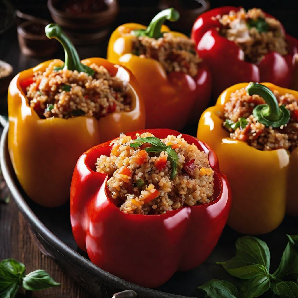 Colorful bell peppers stuffed with a flavorful mixture of turkey, quinoa, and vegetables, showcasing a wholesome and delicious meal.
