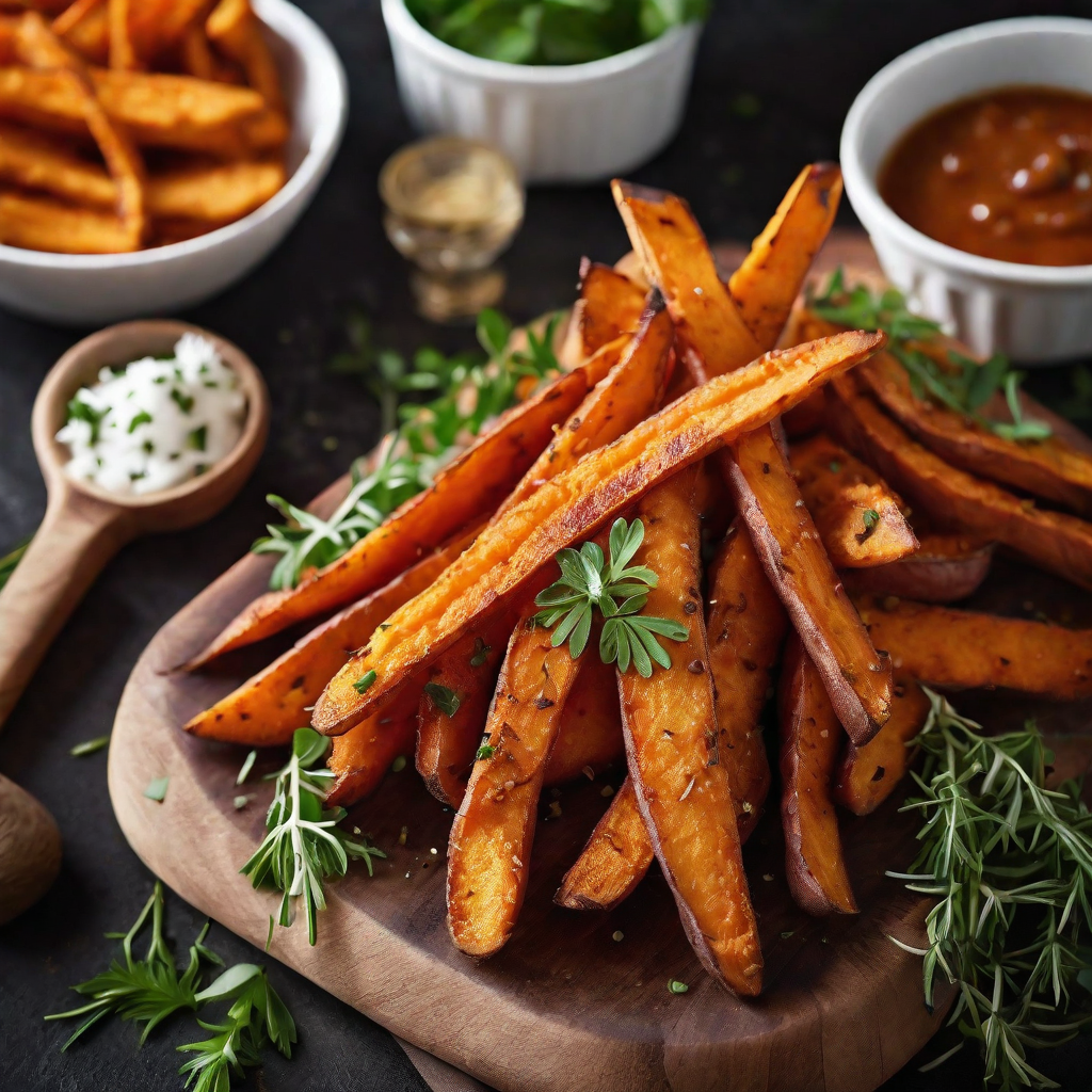 A platter of golden-brown baked sweet potato fries sprinkled with fresh herbs, showcasing their crunchy and crisp texture.