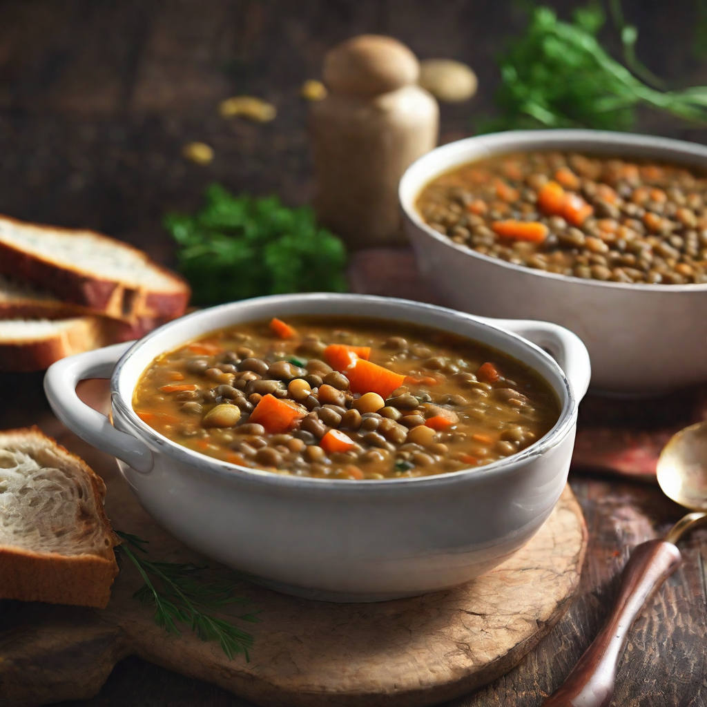 A steaming bowl of hearty lentil soup with colorful vegetables and aromatic spices.