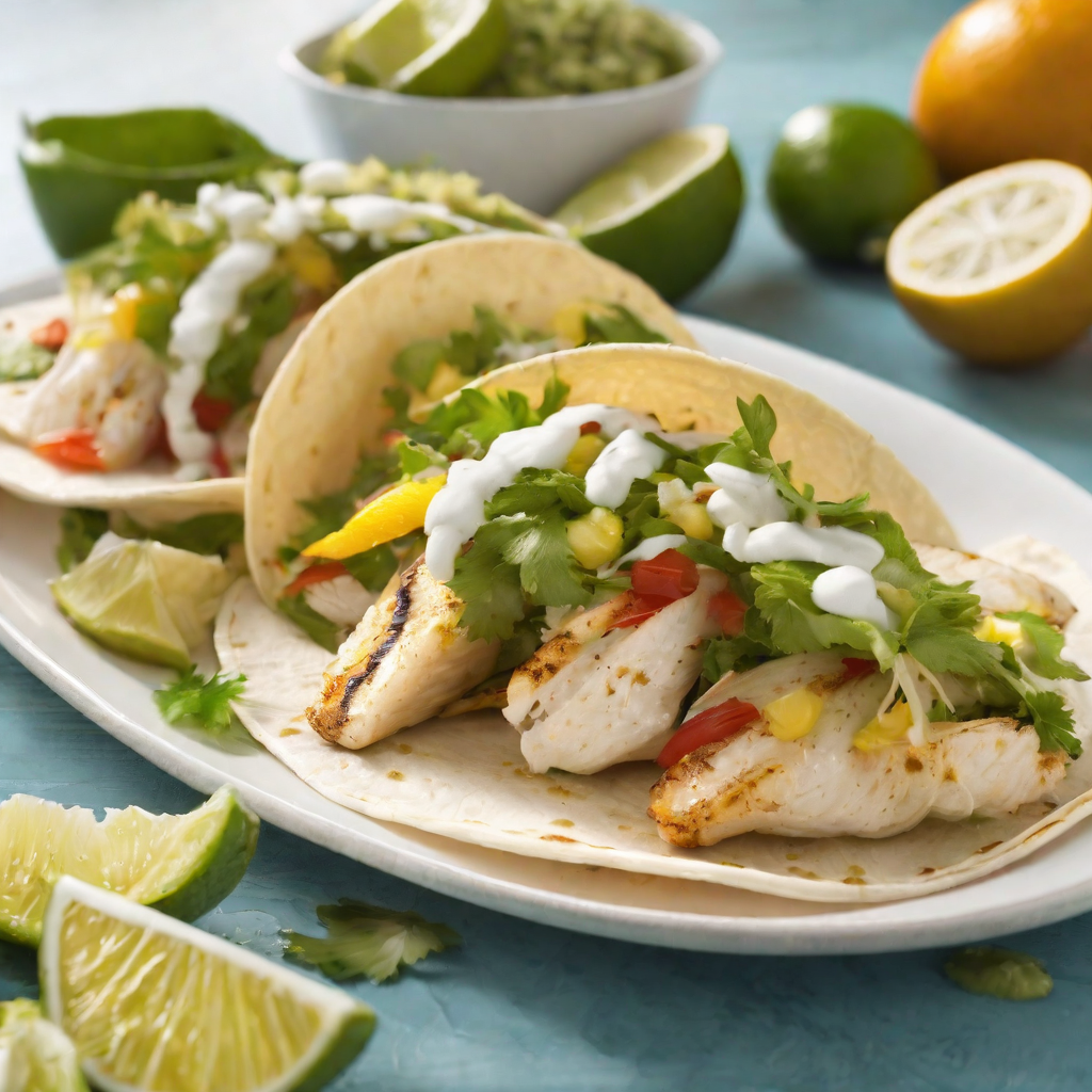 A colorful plate of Citrus-Marinated Grilled Fish Tacos, topped with fresh cabbage, avocado slices, and cilantro-lime crema.