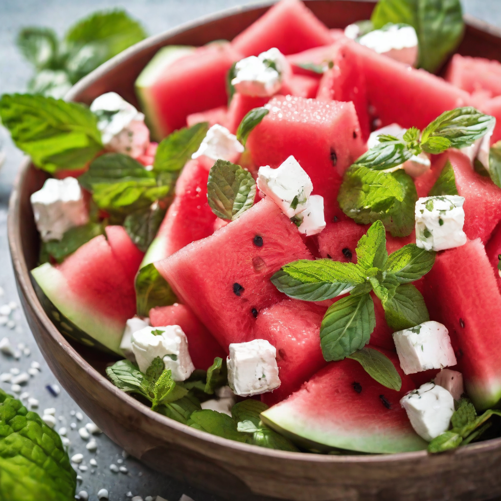 A colorful salad bowl filled with cubed watermelon, crumbled feta