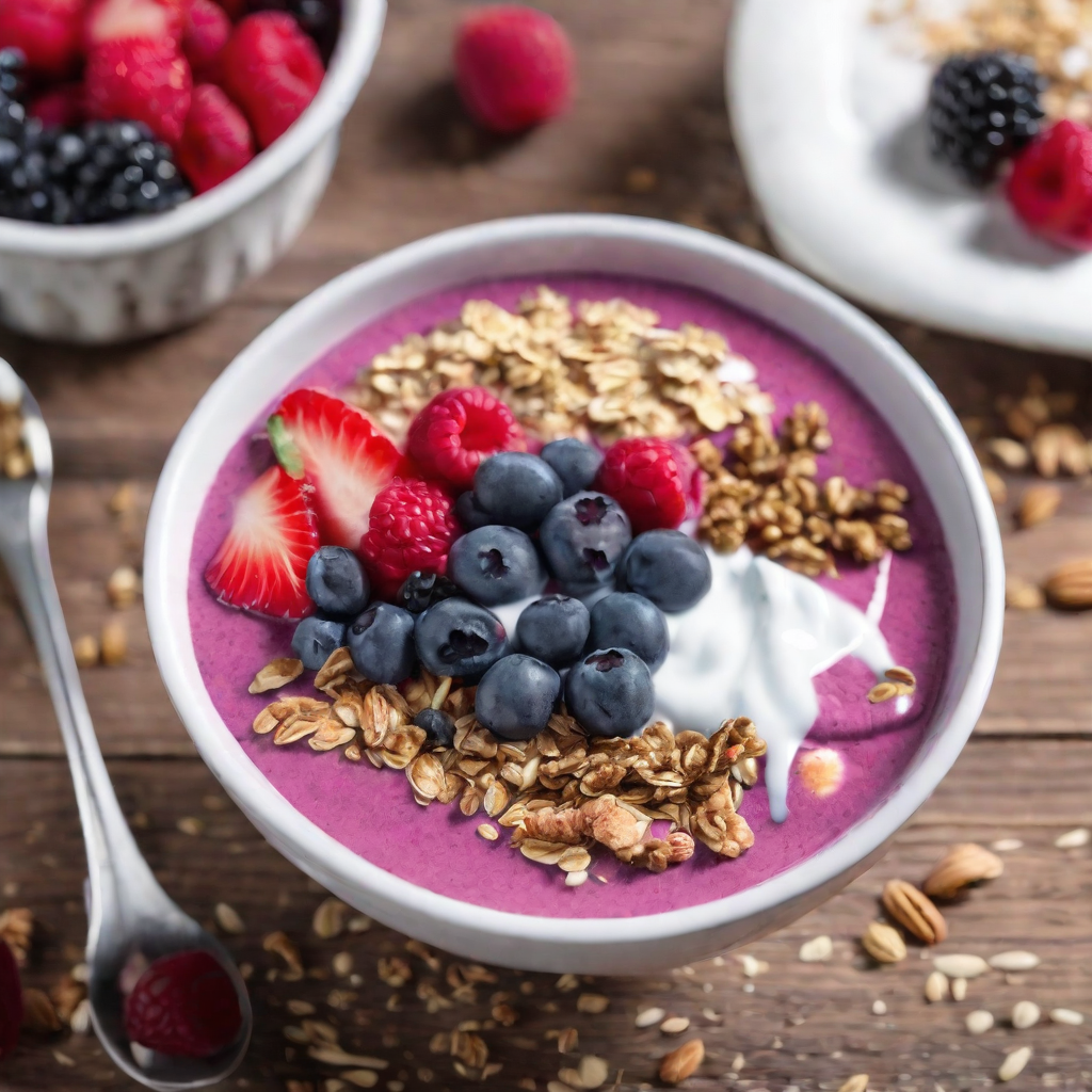 A colorful bowl filled with a berry smoothie topped with Greek yogurt, fresh berries, and granola.