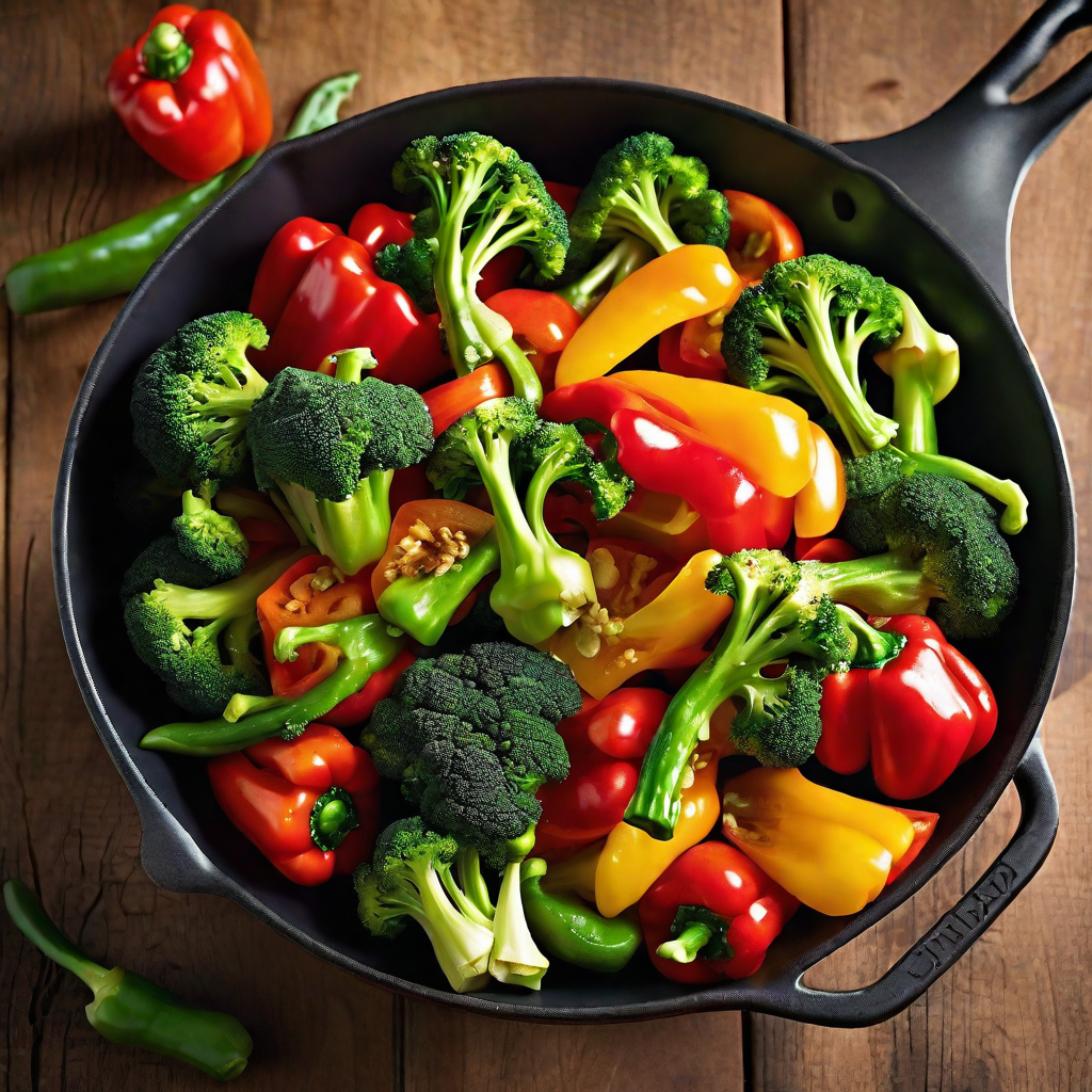 A colorful stir-fry sizzling in a pan, showcasing vibrant bell peppers and crisp broccoli.